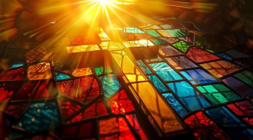 Christian cross on a stained glass in Jesus Christ church, AI generated