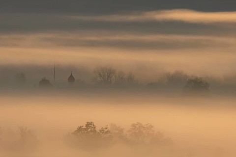 Foggy mood, fog, morning light, backlight, church tower, autumn, Loisach-Lake Kochel moor, view of