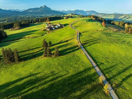 Mountain range near village Wertach, view to mt. Gruenten, sunrise, traditional farm, aerial view,