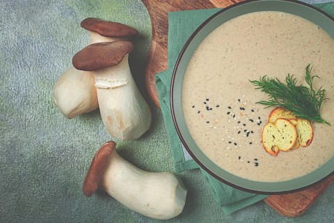 Mushroom cream soup, with dill and bruschetta, mushroom eringi