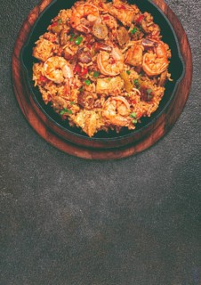 Jambalaya, Creole dish, American pilaf, rice with chicken and shrimp, vegetables, homemade, no