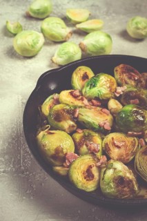 Roasted brussels sprouts, with bacon, vegetarian food, homemade, no people