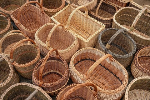 Various wicker baskets, hanger baskets, shopping baskets, handmade, full-size, Baden-Württemberg,