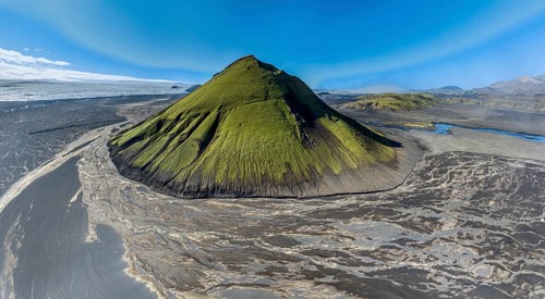 Aerial view, Mælifell mountain covered with moss, Maelifell, black sand desert Mælifellssandur,
