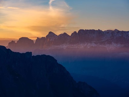 Sella Group in the first sunlight, Val Gardena, Dolomites, South Tyrol, Italy, Europe