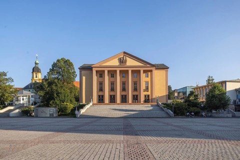 Platz der Deutschen Einheit with cultural centre. City view of Suhl, Thuringia, Germany, Europe