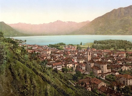 View of the town of Locarno in Ticino in Switzerland, Historical, digitally restored reproduction