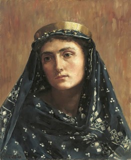 A portrait of a woman with a veil and golden headdress, looking thoughtfully into the distance.