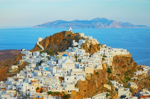 View of Chora village and Sifnos island in the distance, Chora, Serifos Island, Cyclades Islands,