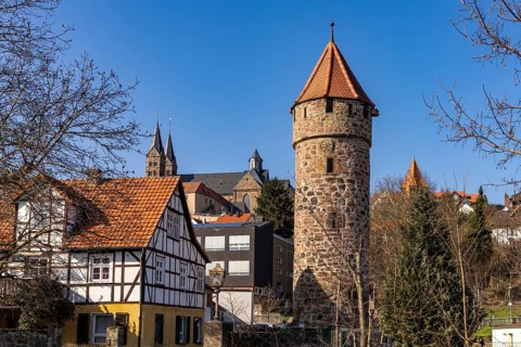 Town view with towers of the town wall and St Peter's Cathedral, Fritzlar, Schwalm-Eder district,