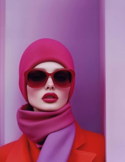 Supermodel, minimalistic, in red and purple, outfit, sunglasses, headdress, famous designer,