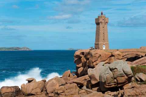 Lighthouse on a rocky shore with breaking waves, Phare de Men Ruz, Ploumanac'h, Ploumanach, Pointe