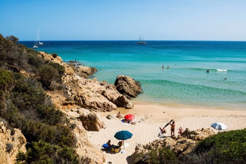 Sandy beach beach and blue sea, Cala del Morto, Torre di Chia, Chia, south coast, Sardinia, Italy,