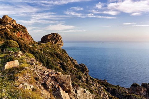 Striking rocky coast, evening sun, Messinian Gulf, Ionian Sea, Mani, Greece, Europe