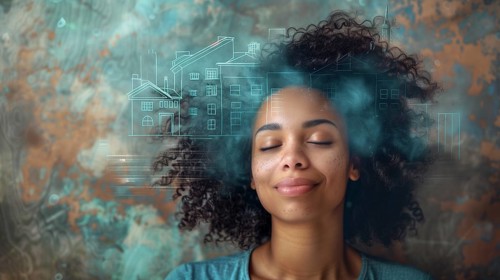 Smiling young african american woman daydreaming with her eyes closed visualizing A new house.