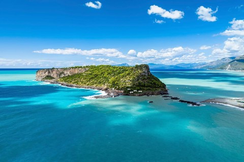 Praia a Mare from a drone, Tyrrhenian Sea, Cosenza, Calabria, Italy, Europe