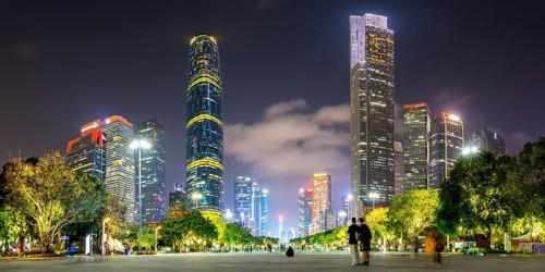 Guangzhou Canton skyline with skyscrapers city centre downtown panorama at night in Guangzhou,