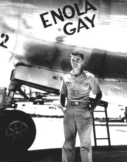 World War II: Paul Tibbets stands in front of the B-29 Enola Gay, the plane he piloted to Hiroshima
