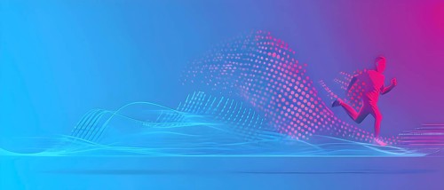 Illustration of a wave of vibrant data points shaping into a runner silhouette, conveying speed and