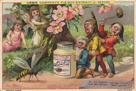 Picture series Elves and gnomes, help a dragon, dwarves hide from a wasp, Liebig picture, digitally