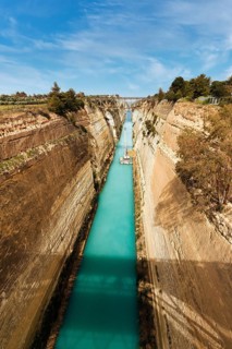 Construction work in the Corinth Canal, restoration after landslide, view of construction cranes,