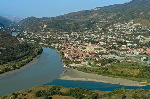 The village of Mtskheta with the Svetitskhoveli Cathedral at the confluence of the Kura and Aragvi