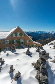 View from the alpine peak Säntis with hotel, Appenzell Alps, 2505m altitude, Schwägalp, Urnäsch,