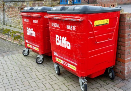 Red Biffa general waste collection bins, Stowmarket, Suffolk, England, UK