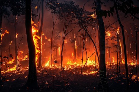 A forest wildfire is raging through a wooded area. Trees are on fire and flames are spreading