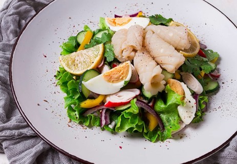 Salad of squid and vegetables, with egg, homemade, no people
