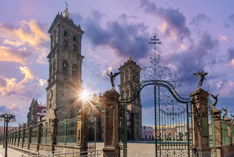 Mexico, Puebla Cathedral on the central Zocalo plaza in historic city center, Central America