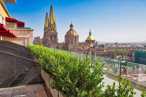 Guadalajara, Mexico-16 april, 2018: Central Guadalajara Cathedral, view from a luxury hotel on