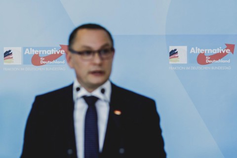 Tino Chrupalla, Federal Chairman of the AfD (Alternative for Germany), speaks to the media in front