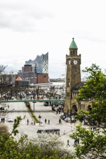 St. Pauli Landungsbrücken with the pier tower and the Elbe, Elbe Philharmonic Hall in the