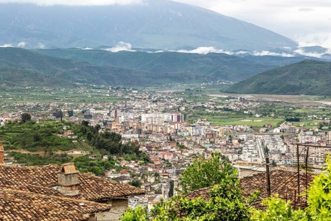Raised view over city of Berat, Albania, Europe
