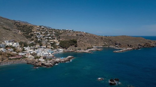 Aerial view of the harbour town of Sfakia on the south coast of the island of Crete on the Libyan