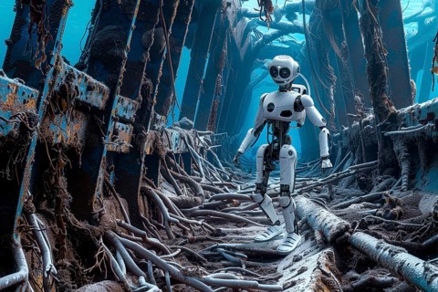Futuristic humanoid robot inspecting a shipwreck underwater, AI generated