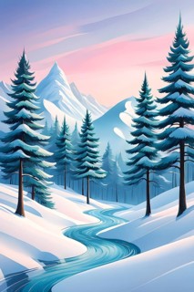 Abstract winter wonderland with minimalist stylized pine trees and snowdrifts using soft pastel