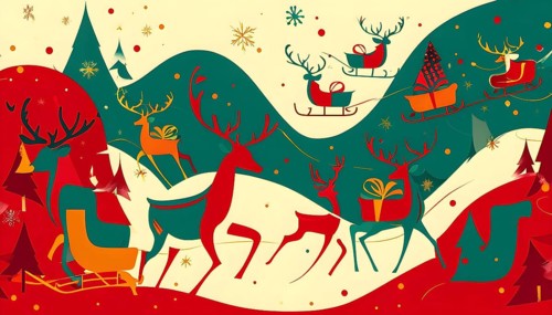 Whimsical abstract scene with stylized reindeer and sleighs to capture the magic of Christmas, AI