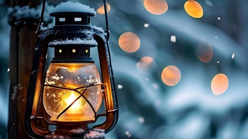 Vintage-style Christmas lantern hanging on a rustic post, covered in frost and surrounded by