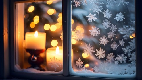 Snow-covered window with frost patterns, candlelight softly glowing through the glass, and warm,
