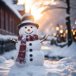 Snowman in an idylic winter urban scenery, snow-covered streets and buildings in background,
