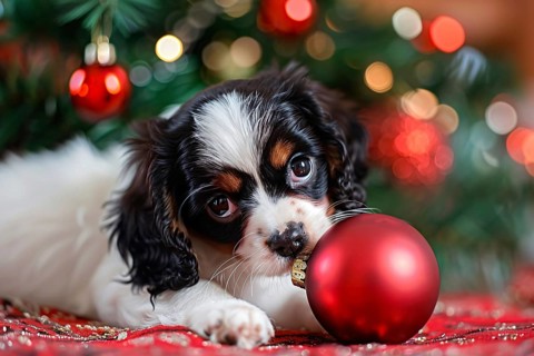 Tiny dog puppy playing with red Christmas tree bauble. Generative AI, AI generated