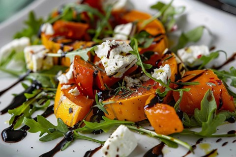 Close up of salad with baked pumpkin with rucola lettuce and feta cheese. Generative ai, AI