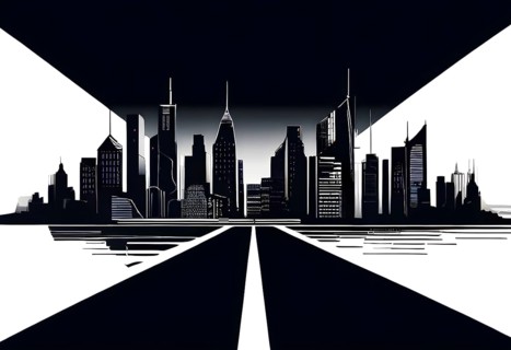 Modern city skyline using clean lines and geometric forms, with rectangular buildings and smooth,