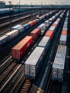 Aerial view of a modern freight train with reflective metallic surfaces, AI generated
