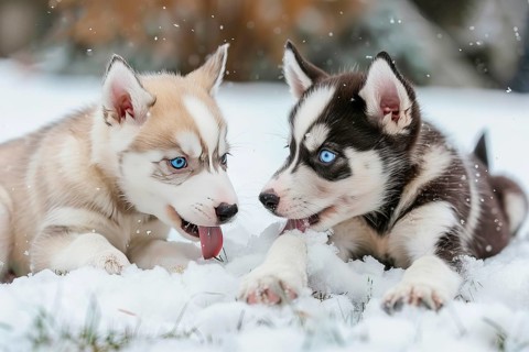 Two cute Alaskan Husky pups licking snow, AI generated