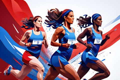 Male marathon 2024 olympic runners in abstract dynamic shapes in french tricolor blue red and