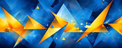 Illustration of abstract art composed of overlapping triangles in blue and yellow colors, AI