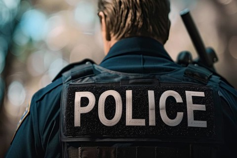 Back view of police officer with bulletproof vest with text 'Police'. Generative Ai, AI generated